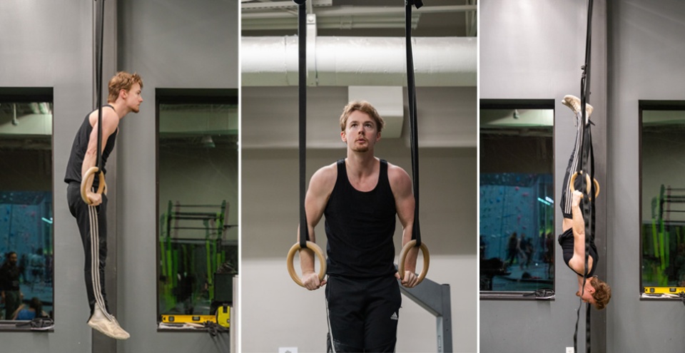 David Lloyd George holds a vertical position using gymnastic rings