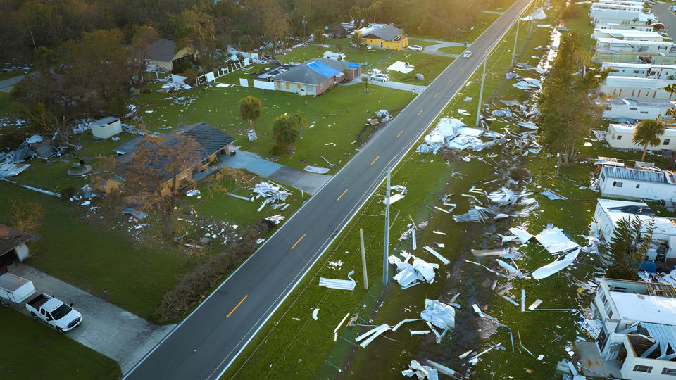 A Florida neighborhood destroyed in the aftermath of Hurricane Ian, 2002.