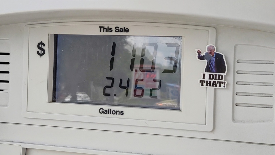 Oliver was inspired by the stickers he saw on gas pumps showing Joe Biden pointing at the price saying "I did that." Photo by Whoisjohngalt, via Wikimedia Commons, licensed under CC BY-SA 4.0.