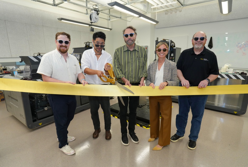 Pictured left-to-right: Tim Trent, director of IPaT's Trash Lab; Arthur Huang, CEO of Miniwiz; Michael Best, executive director of IPaT; Jennifer Chirico, associate vice president of Sustainability; and Rob Kadel, executive director of research program administration.